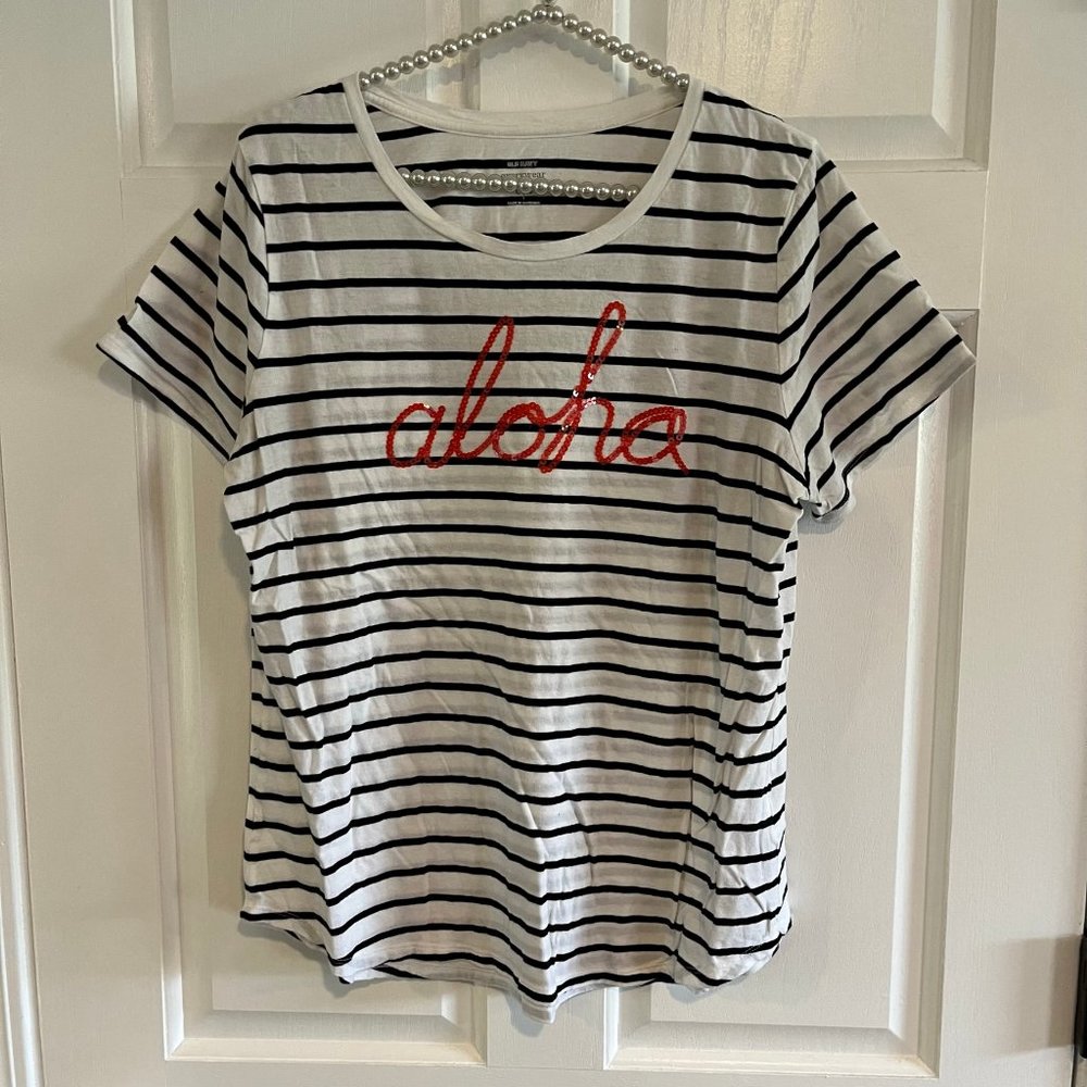 Old Navy Ladies Striped "Aloha" Scoop Neck Short Sleeve Tee Size L